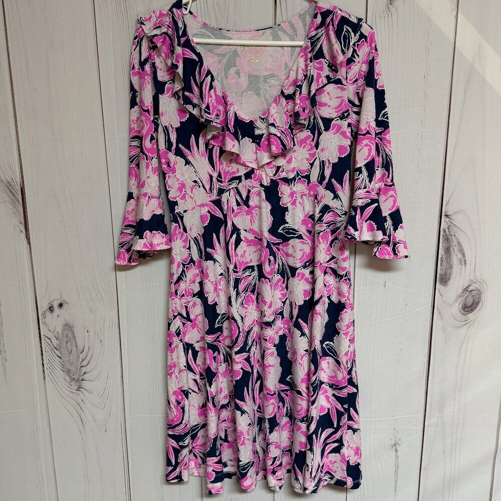 Lilly Pulitzer Stirling Dress Medium Inky Navy Flamingle Print EUC‎